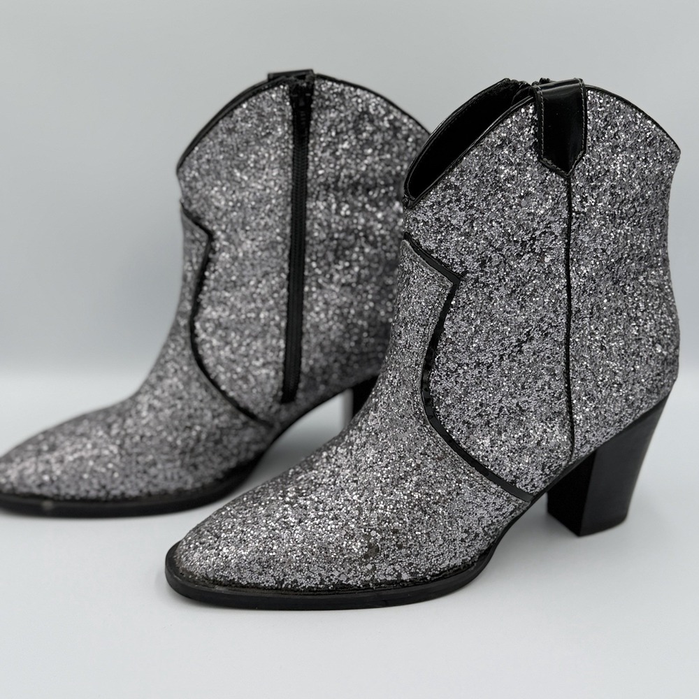 Toylwind Silver Glitter Western Ankle Boots Cowboy Disco Glam Festival 10